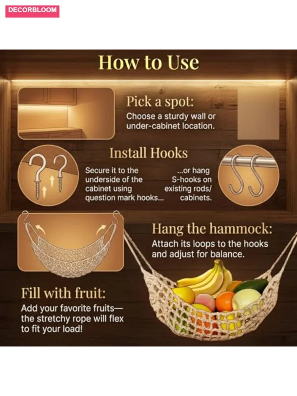 Hanging Fruit Hammock Under Cabinet 13x16in Macrame Storage Basket with Hooks
